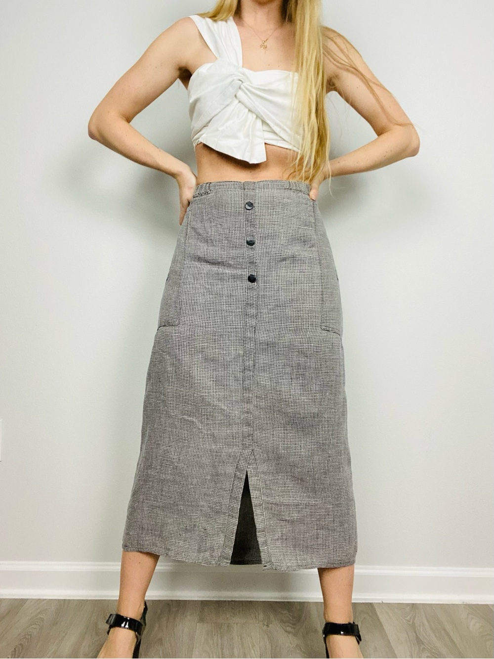 FLAX by Angelheart 100% Linen Houndstooth Check Lagenlook Oversized Midi Skirt